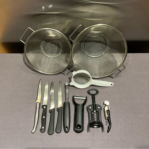 USED Set of 11 Stainless Steel Knives Peelers Mesh Strainers 4” 8” 9” Corkscrews